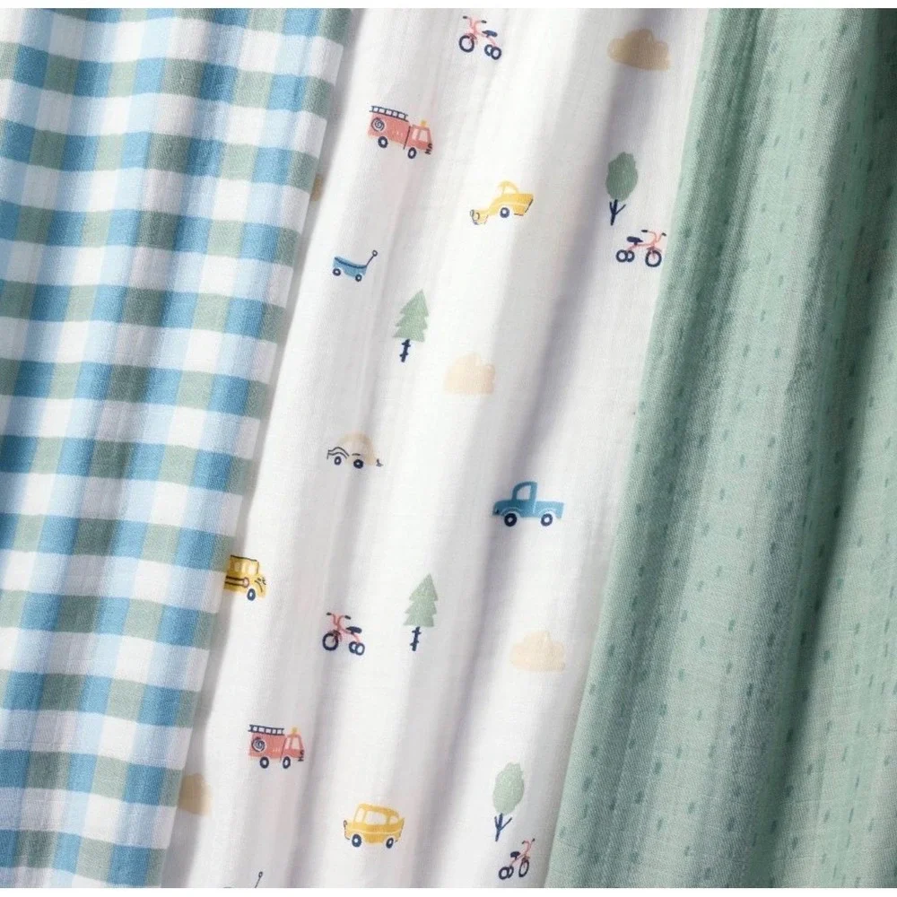 Cloud Island‎ Muslin Blankets 3pk Blue Green Transportation Cars 47x47 VSCIMB